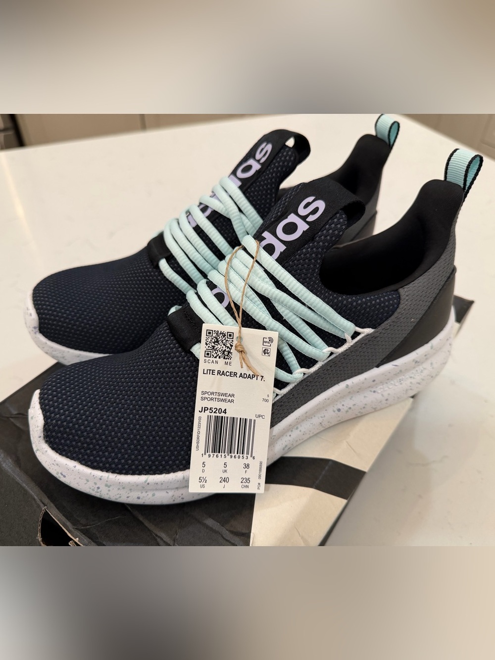 adidas lite racer Slip-On Sneakers in black and Light Aqua- 5.5 youth